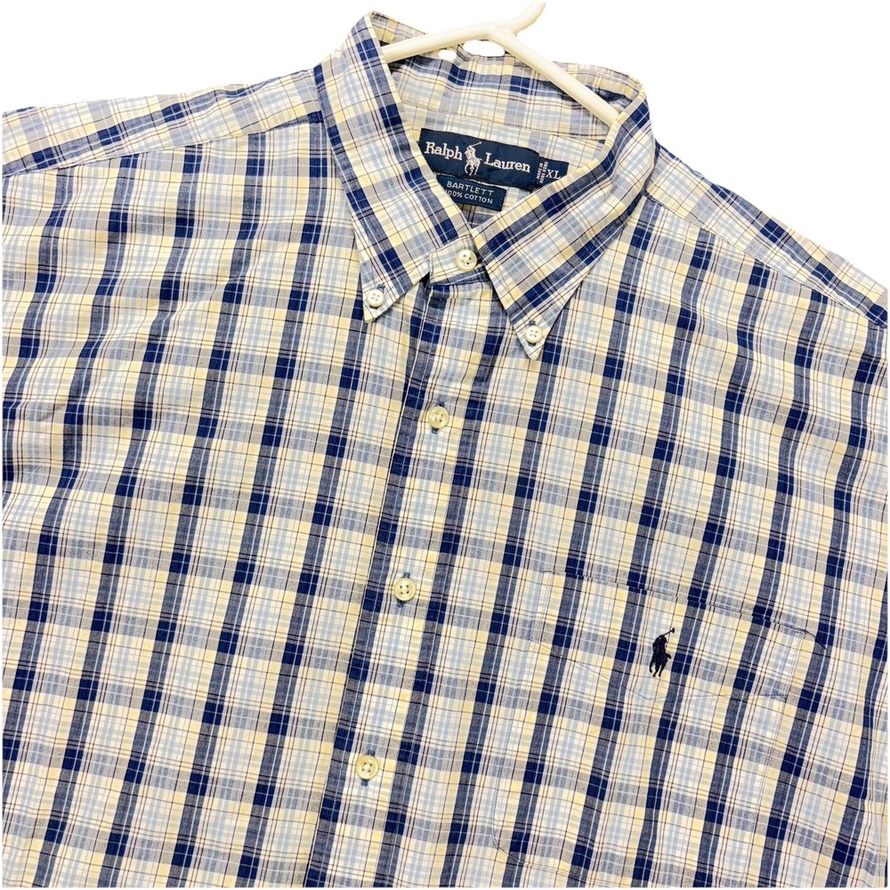 Vintage Ralph Lauren Bartlett Shirt Mens XL Short Sleeve Blue Tartan Plaid